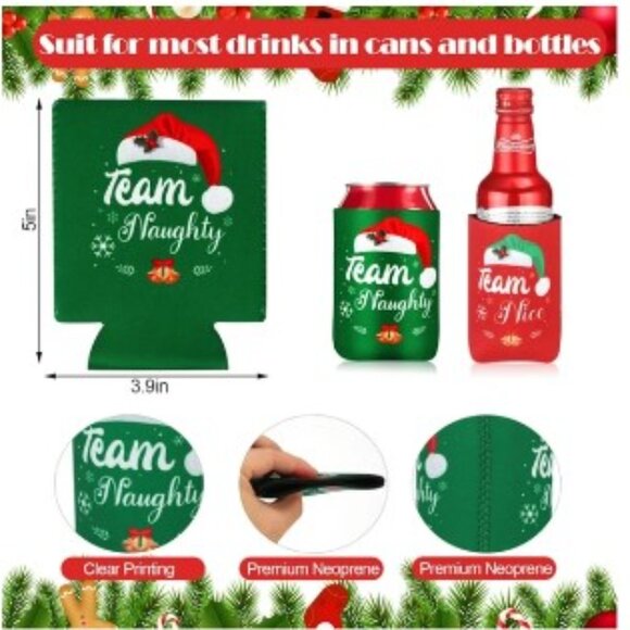 Set of 6 Pcs Christmas Neoprene Insulated Can Sleeves. Team Naughty, Team Nice - Picture 2 of 4